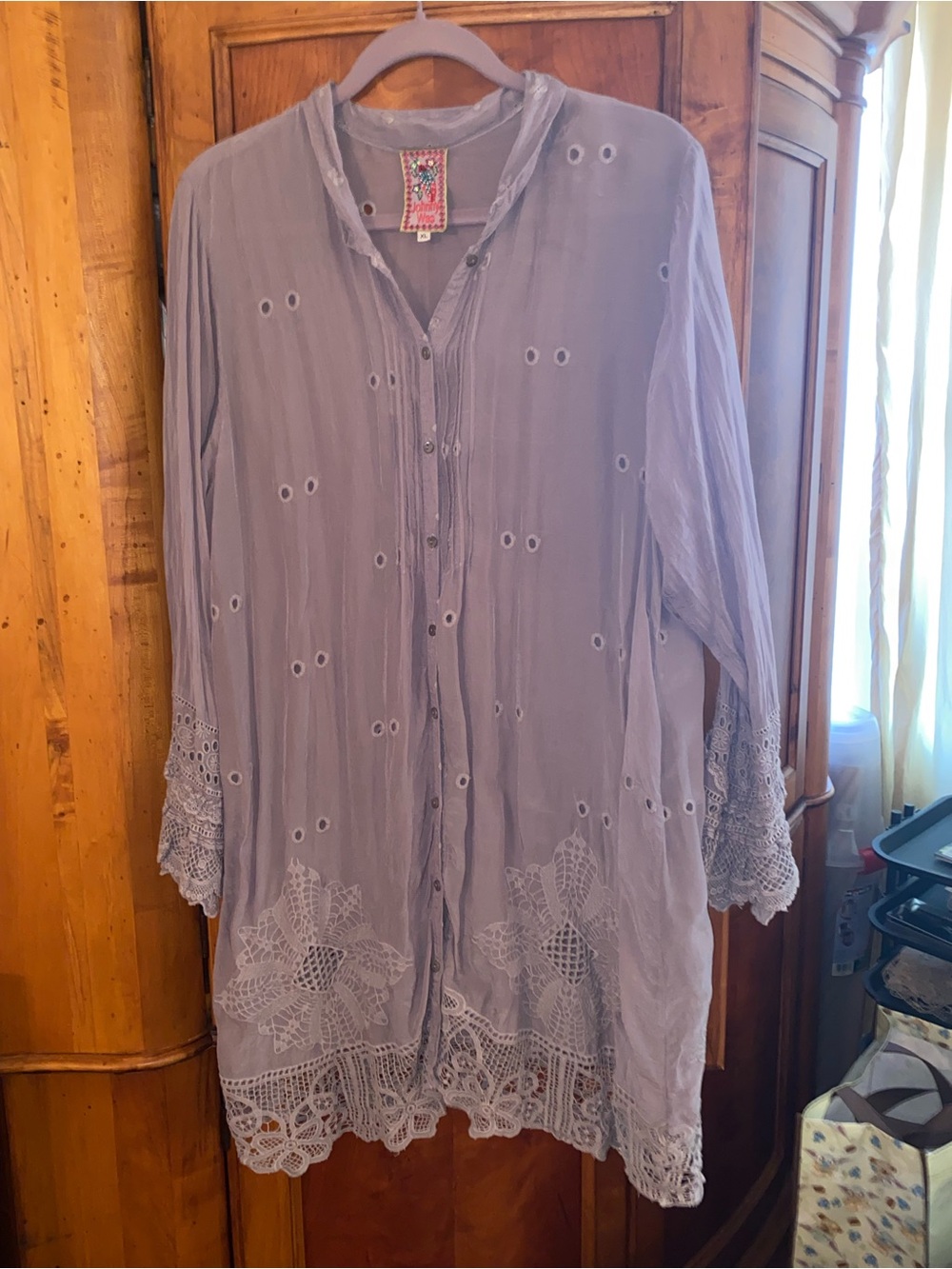Johnny Was Lavender Grey Eyelet & Crochet Lace Tunic